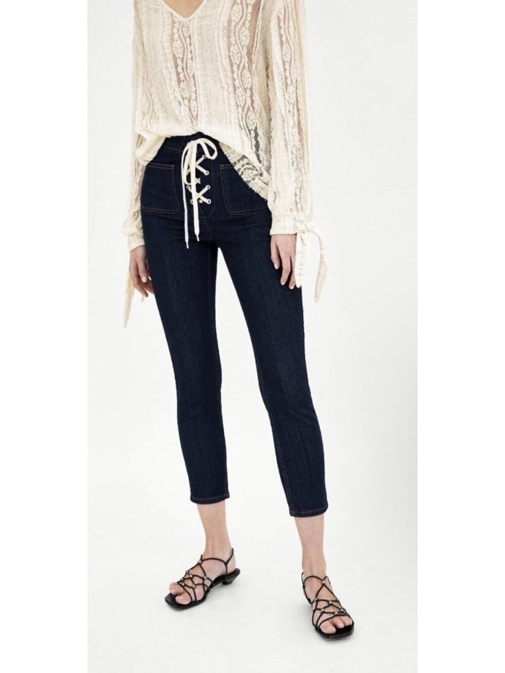 Zara Women’s Drawstring Waist Denim Blue Cropped Jeans Size 4